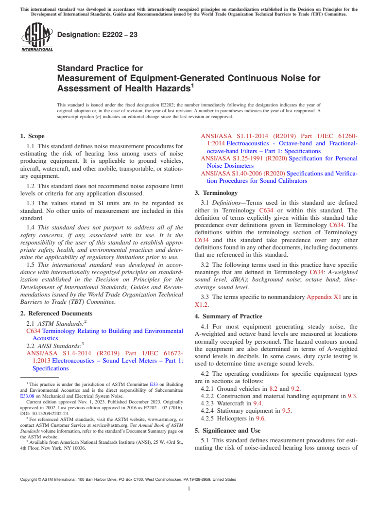 ASTM E2202-23 - Standard Practice for Measurement of Equipment-Generated Continuous Noise for Assessment  of Health Hazards