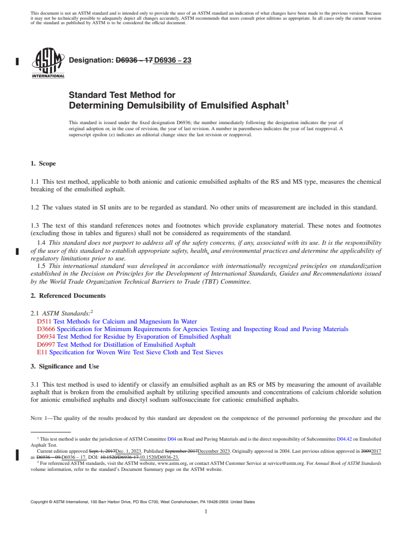 REDLINE ASTM D6936-23 - Standard Test Method for  Determining Demulsibility of Emulsified Asphalt
