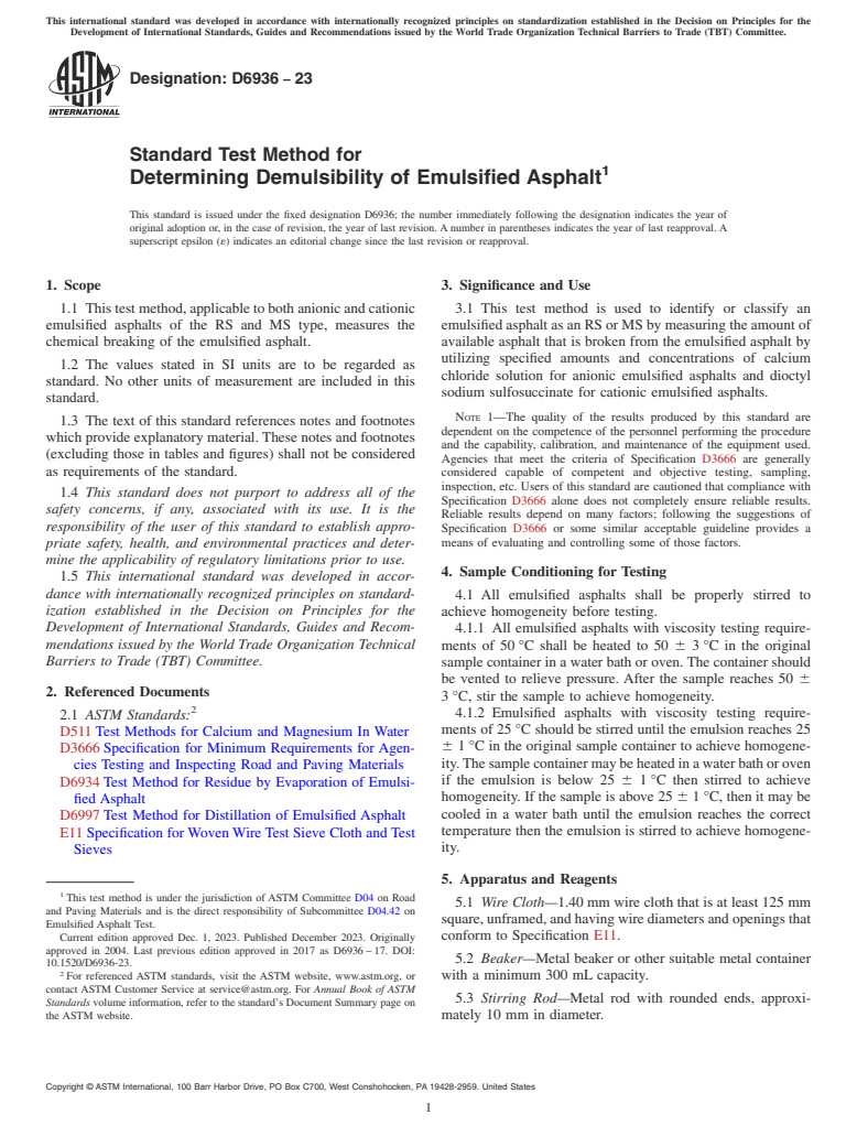 ASTM D6936-23 - Standard Test Method for  Determining Demulsibility of Emulsified Asphalt