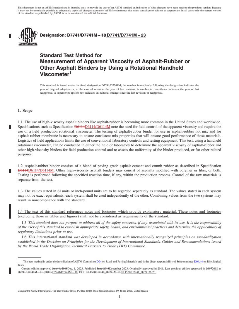 REDLINE ASTM D7741/D7741M-23 - Standard Test Method for  Measurement of Apparent Viscosity of Asphalt-Rubber or Other  Asphalt Binders by Using a Rotational Handheld Viscometer