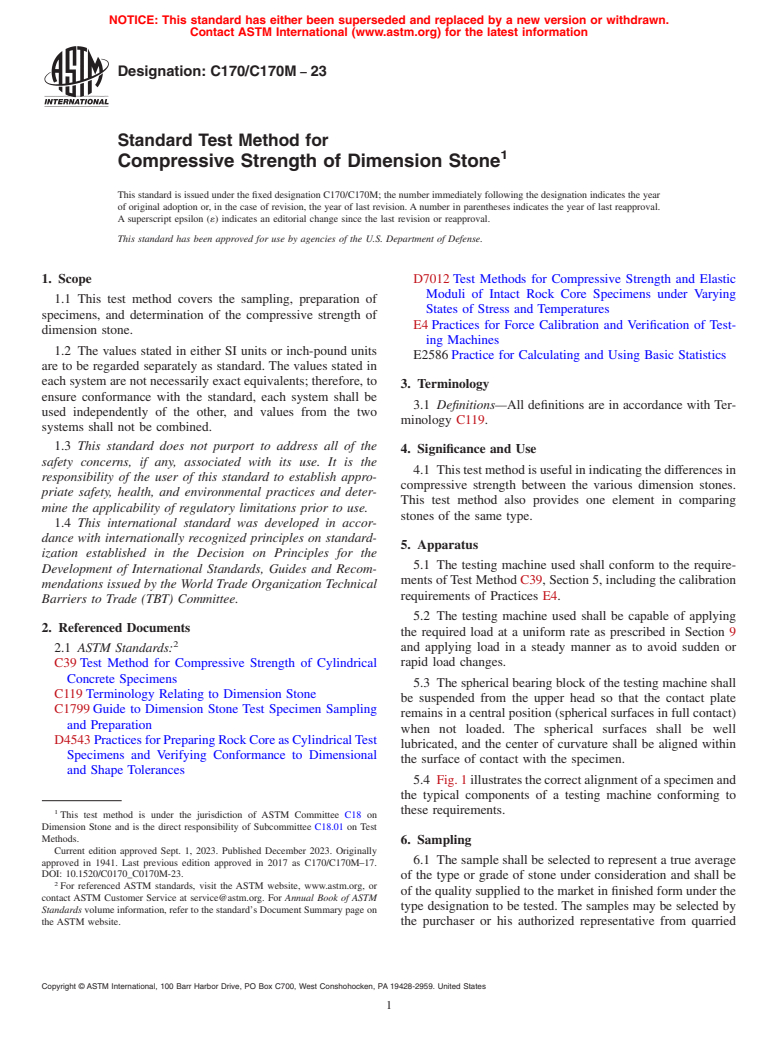 ASTM C170/C170M-23 - Standard Test Method for  Compressive Strength of Dimension Stone