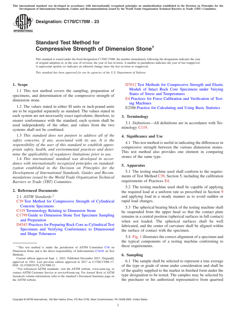 ASTM C170/C170M-23 - Standard Test Method for  Compressive Strength of Dimension Stone