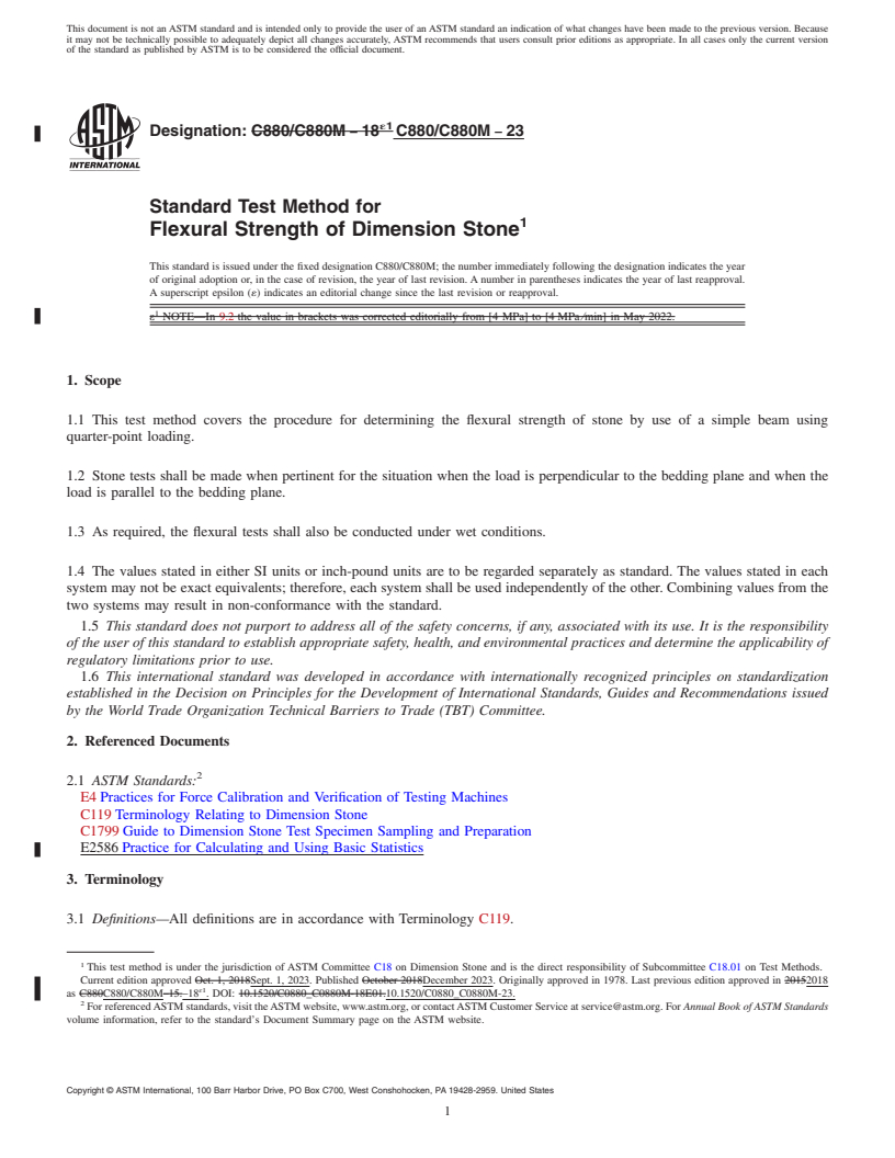 REDLINE ASTM C880/C880M-23 - Standard Test Method for  Flexural Strength of Dimension Stone