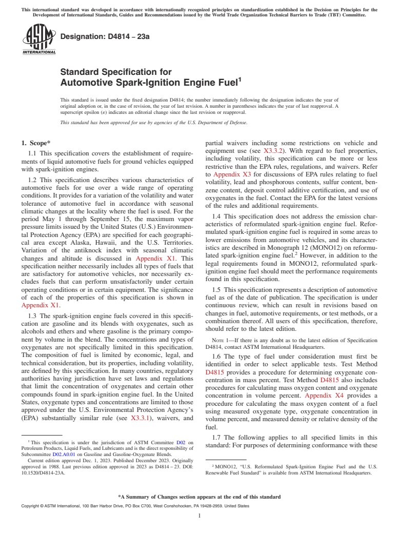 ASTM D4814-23a - Standard Specification for Automotive Spark-Ignition Engine Fuel