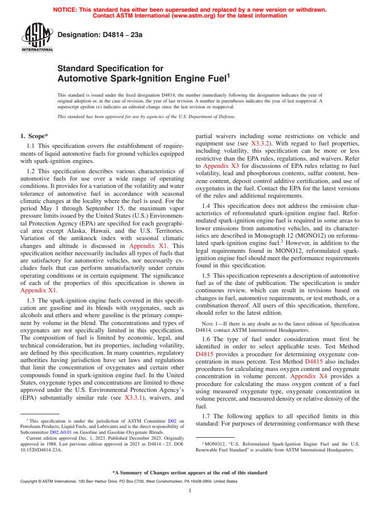 ASTM D4814-23a - Standard Specification for Automotive Spark-Ignition Engine Fuel