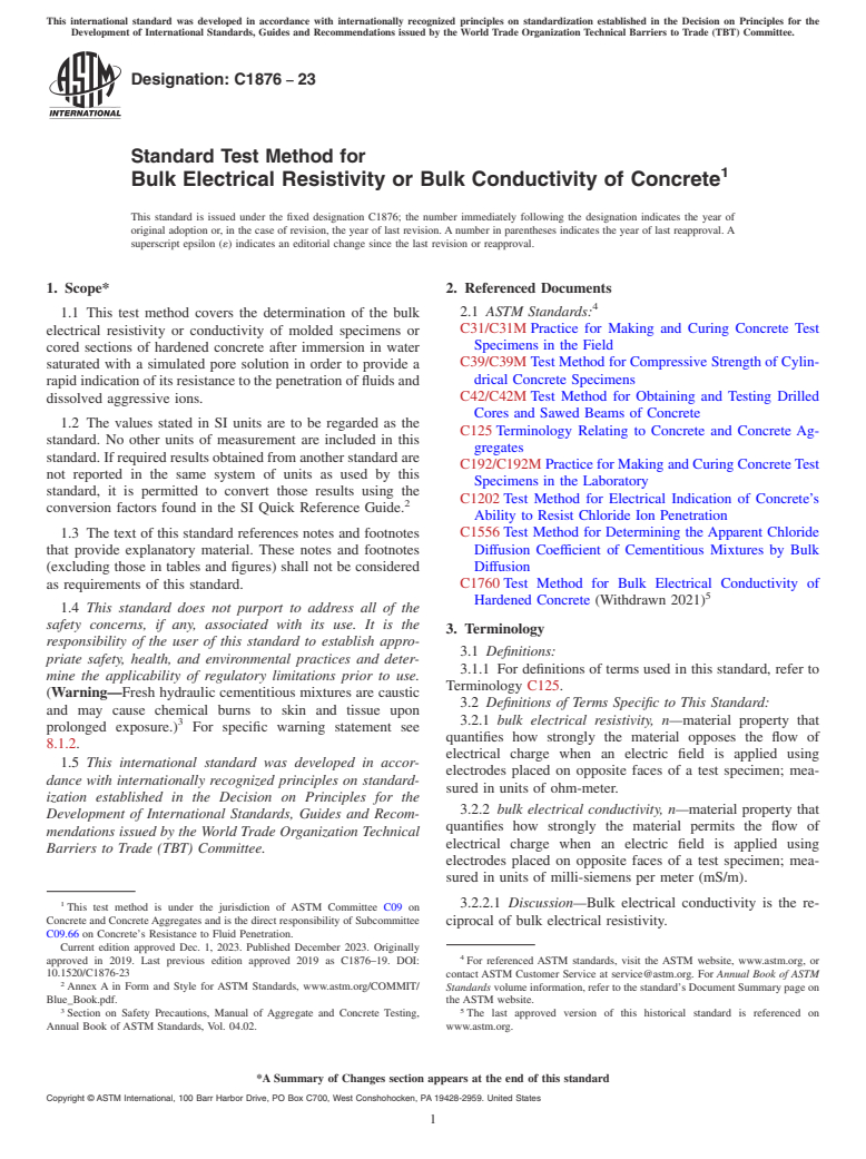 ASTM C1876-23 - Standard Test Method for  Bulk Electrical Resistivity or Bulk Conductivity of Concrete