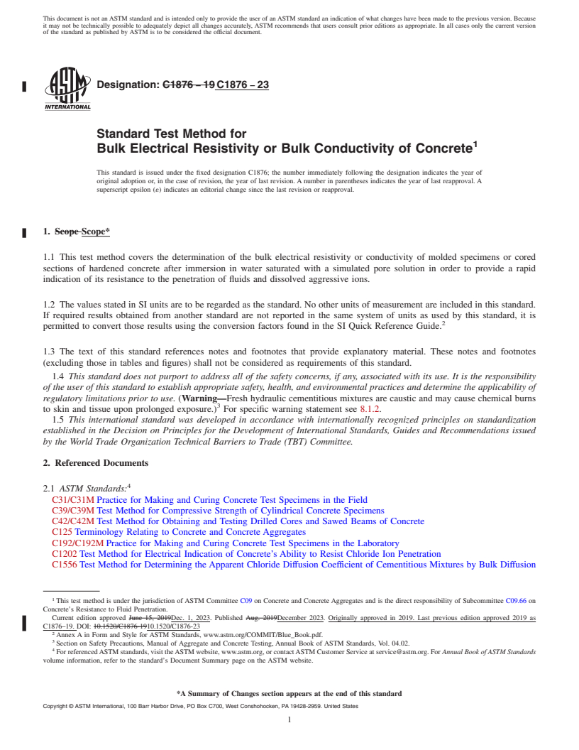 REDLINE ASTM C1876-23 - Standard Test Method for  Bulk Electrical Resistivity or Bulk Conductivity of Concrete