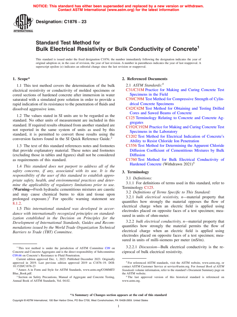 ASTM C1876-23 - Standard Test Method for  Bulk Electrical Resistivity or Bulk Conductivity of Concrete