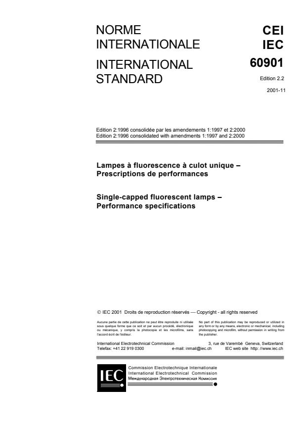 IEC 60901:1996+AMD1:1997+AMD2:2000 CSV - Single-capped fluorescent lamps - Performance specifications