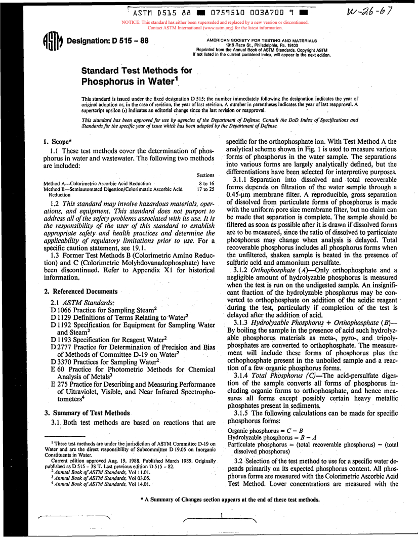 ASTM D515-88 - Test Methods for Phosphorus in Water (Withdrawn 1997)