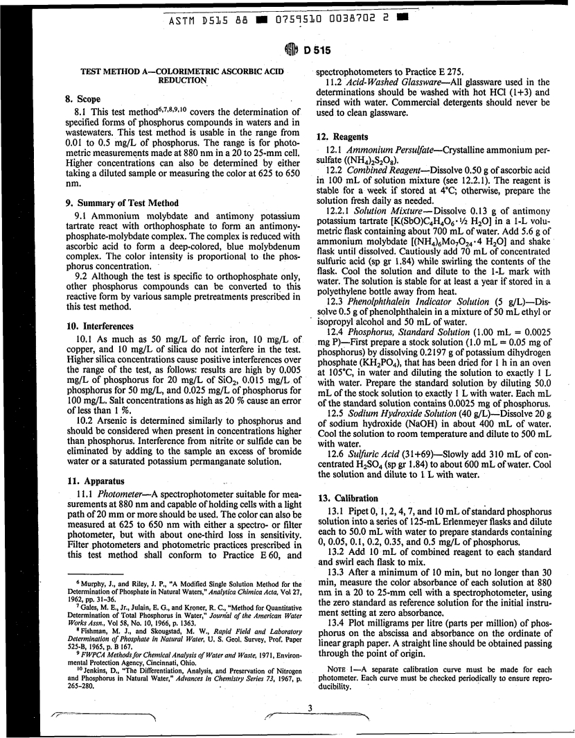 ASTM D515-88 - Test Methods for Phosphorus in Water (Withdrawn 1997)