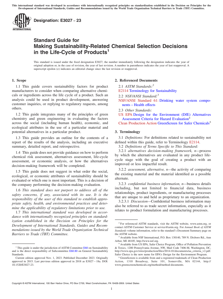ASTM E3027-23 - Standard Guide for Making Sustainability-Related Chemical Selection Decisions  in the Life-Cycle of Products