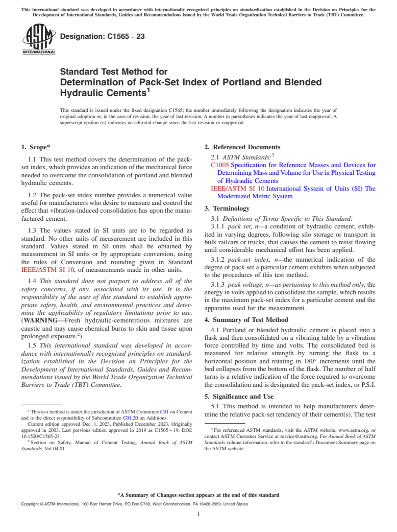 ASTM C1565-23 - Standard Test Method for  Determination of Pack-Set Index of Portland and Blended Hydraulic  Cements