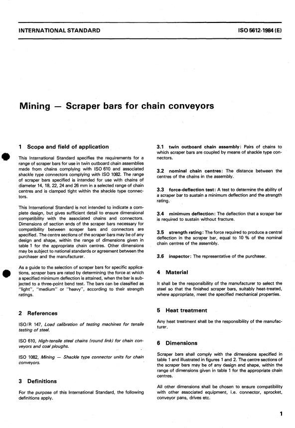 ISO 5612:1984 - Mining -- Scraper bars for chain conveyors