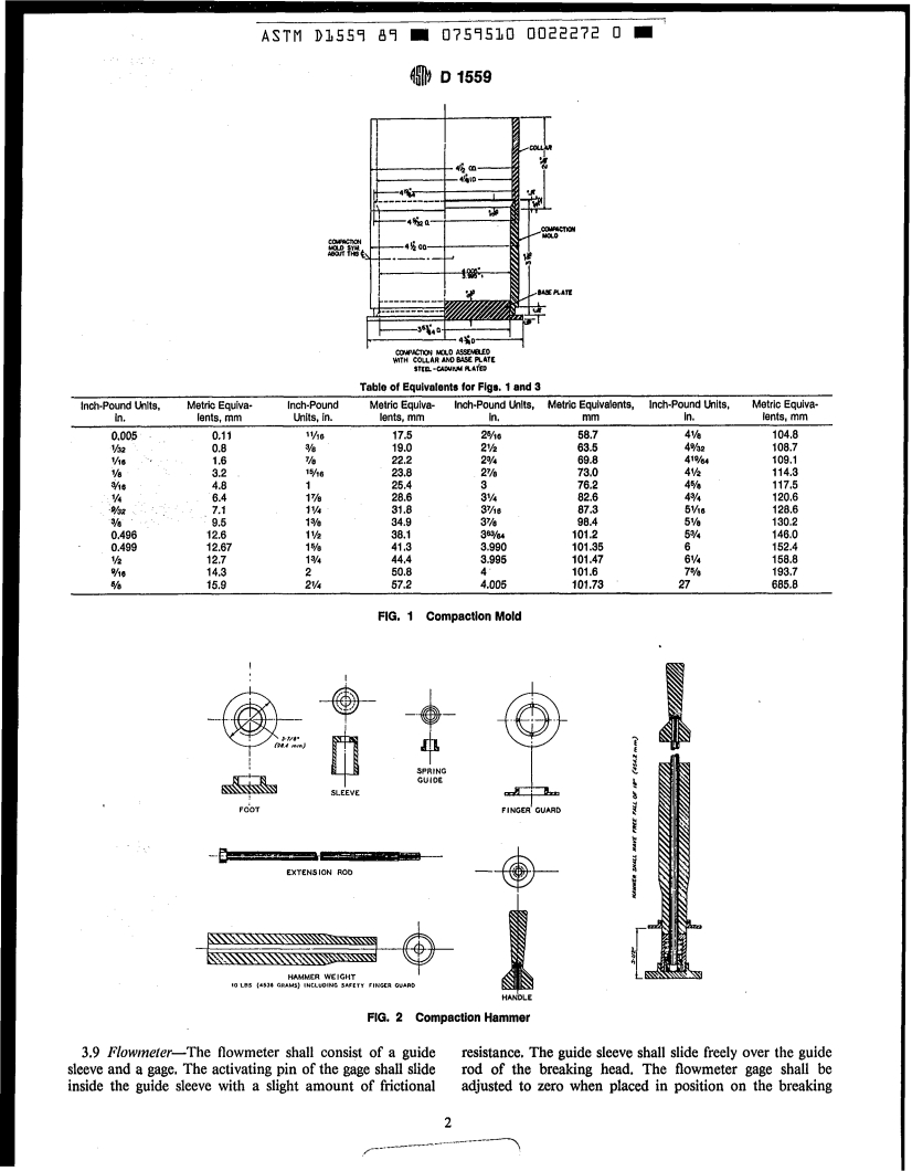 ASTM D1559-89 - Test Method for Resistance of Plastic Flow of Bituminous Mixtures Using Marshall Apparatus (Withdrawn 1998)