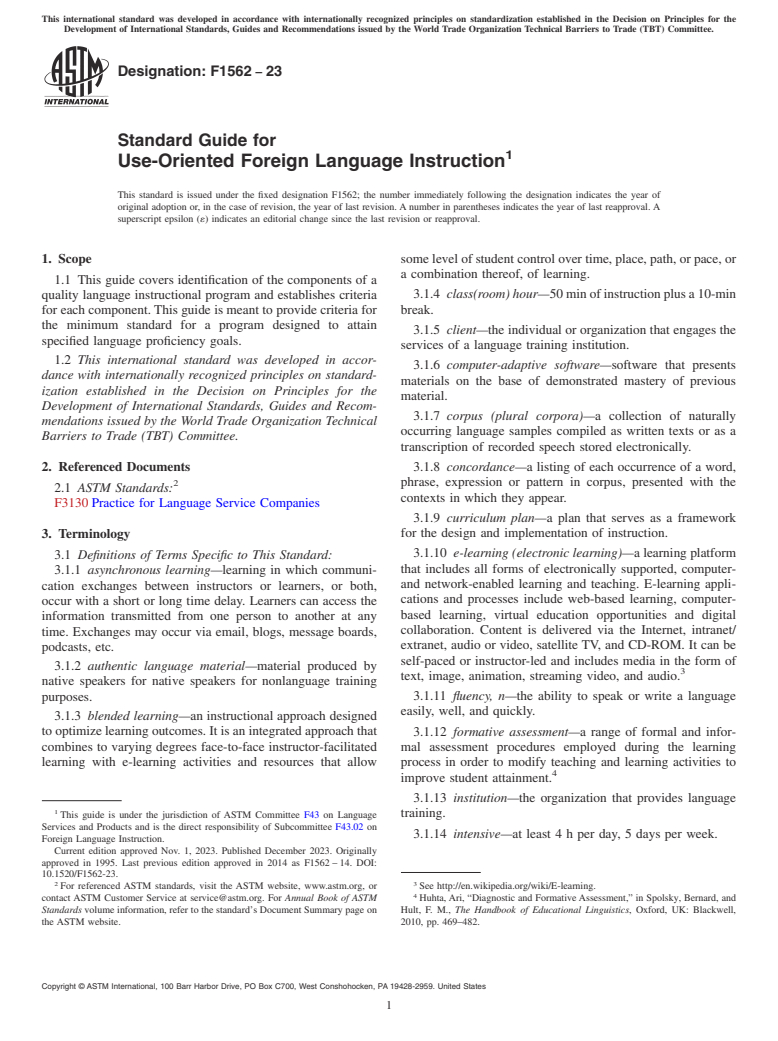 ASTM F1562-23 - Standard Guide for  Use-Oriented Foreign Language Instruction