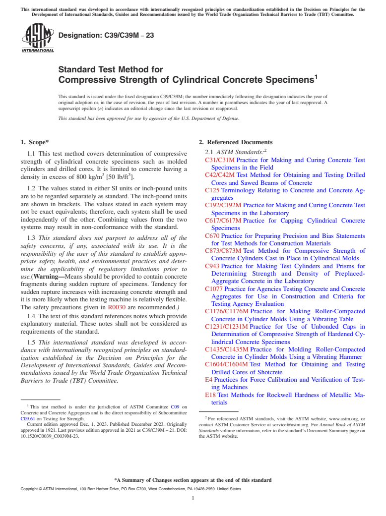 ASTM C39/C39M-23 - Standard Test Method for  Compressive Strength of Cylindrical Concrete Specimens