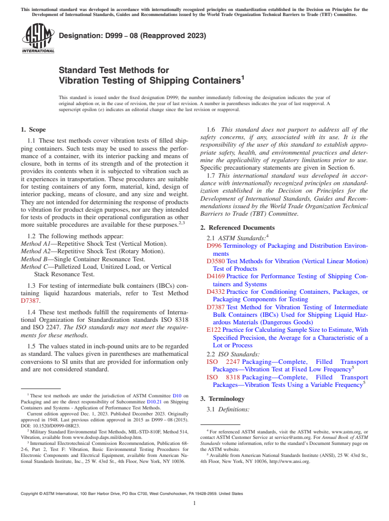 ASTM D999-08(2023) - Standard Test Methods for  Vibration Testing of Shipping Containers