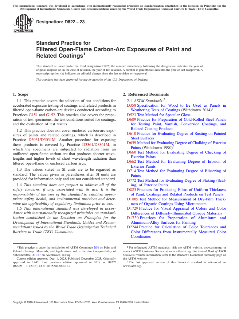 ASTM D822-23 - Standard Practice for Filtered Open-Flame Carbon-Arc Exposures of Paint and Related   Coatings