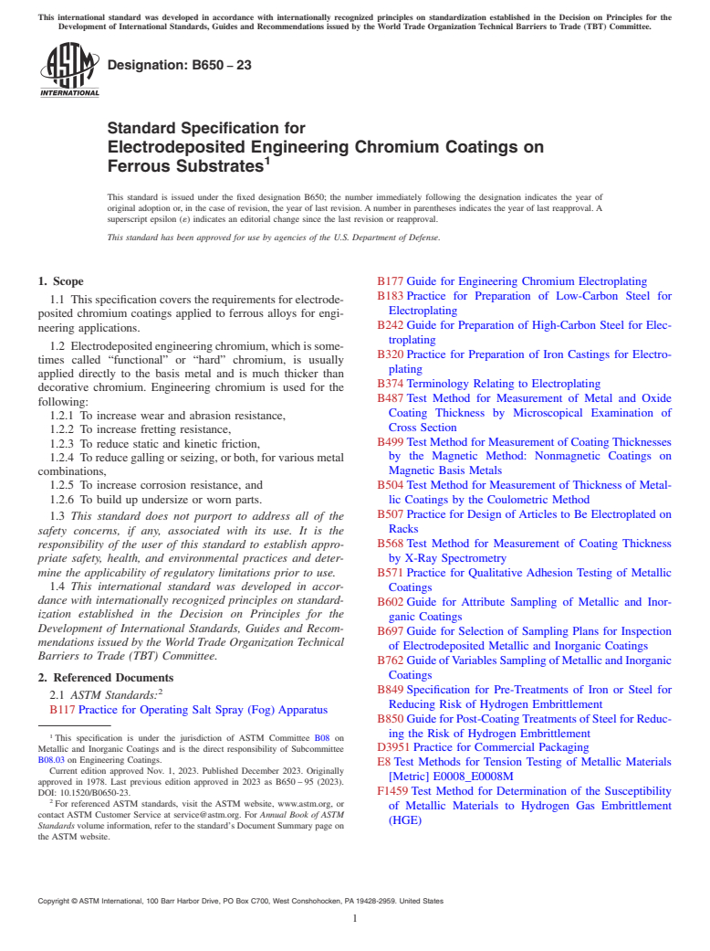 ASTM B650-23 - Standard Specification for  Electrodeposited Engineering Chromium Coatings on Ferrous Substrates