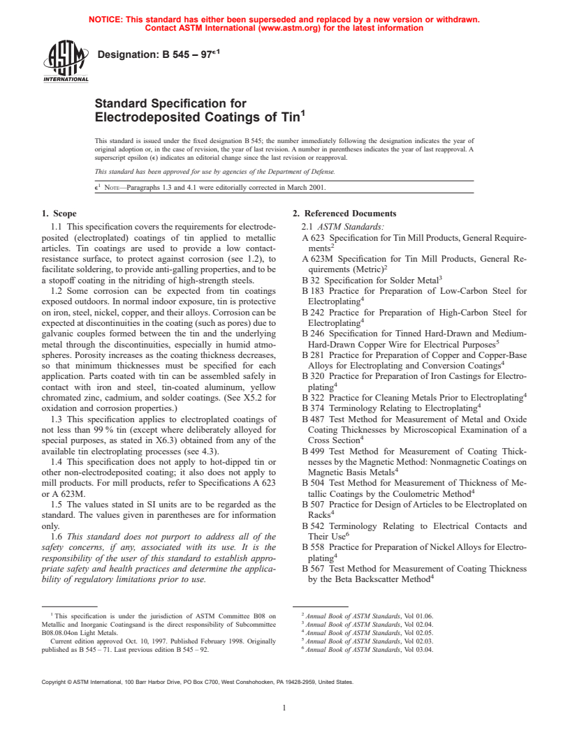 ASTM B545-97e1 - Standard Specification for Electrodeposited Coatings of Tin