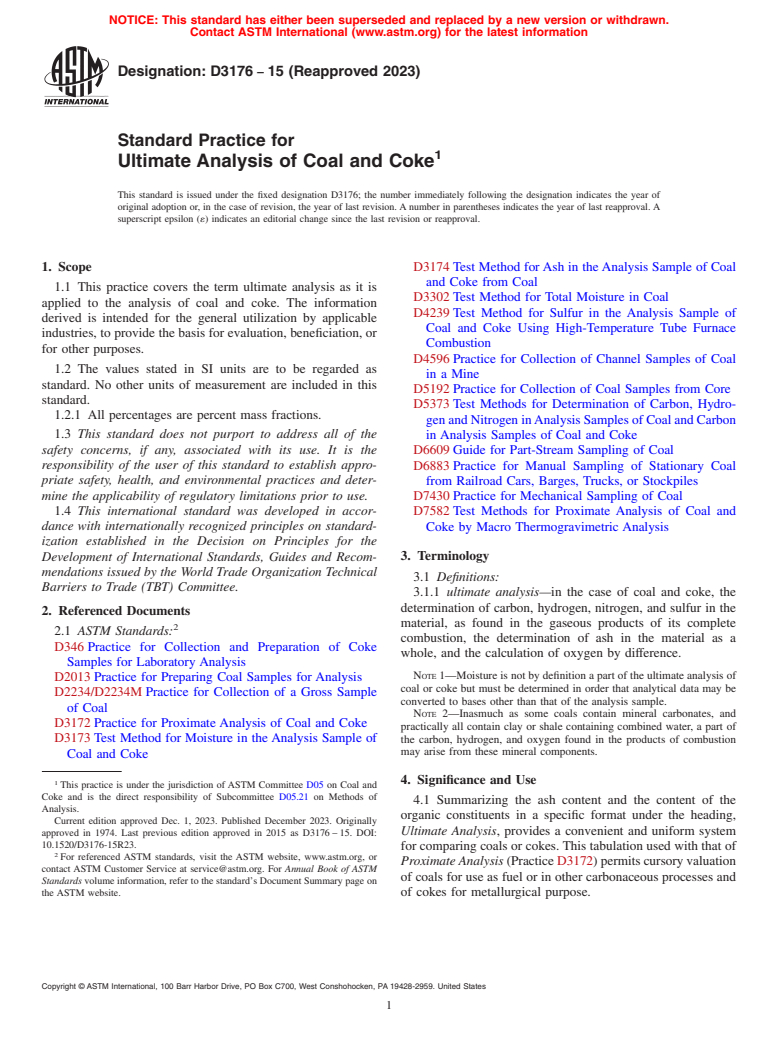 ASTM D3176-15(2023) - Standard Practice for  Ultimate Analysis of Coal and Coke