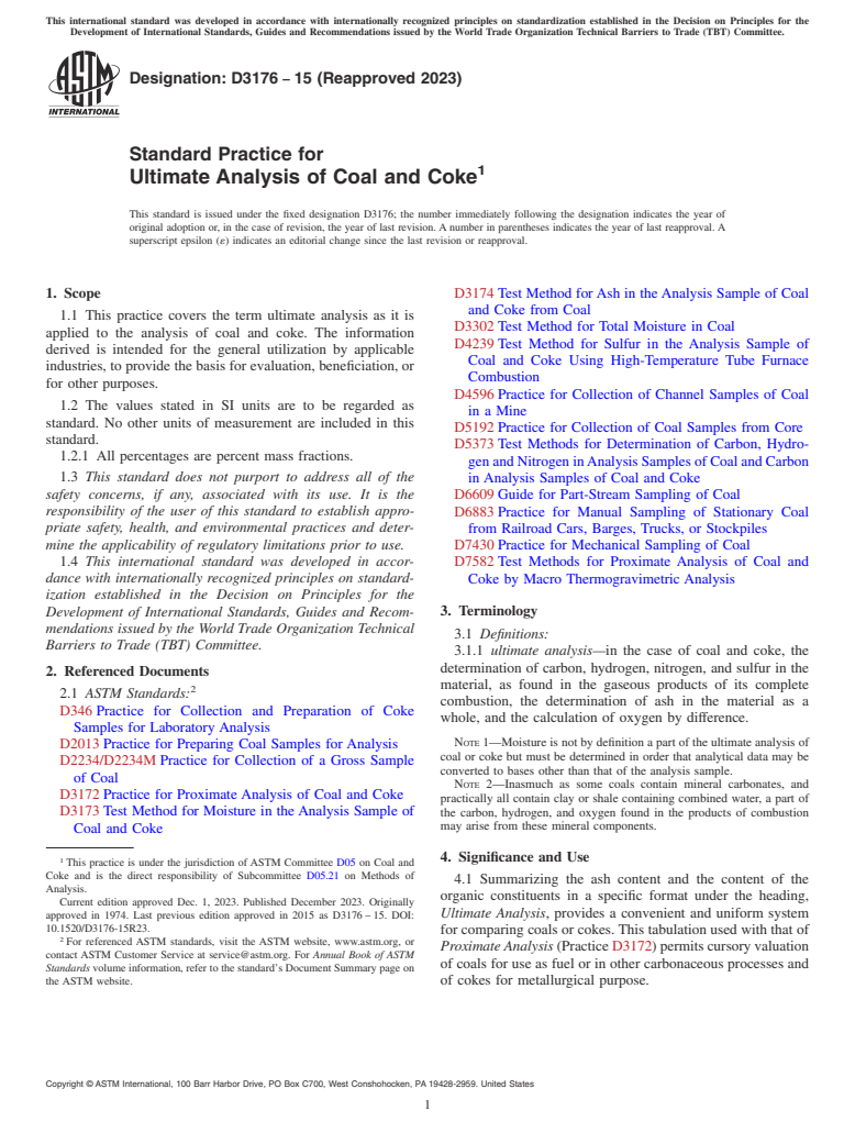 ASTM D3176-15(2023) - Standard Practice for  Ultimate Analysis of Coal and Coke