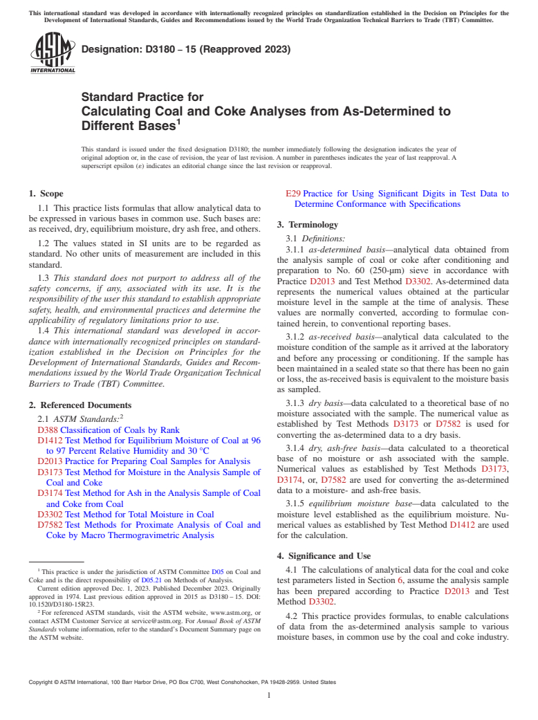 ASTM D3180-15(2023) - Standard Practice for  Calculating Coal and Coke Analyses from As-Determined to Different  Bases