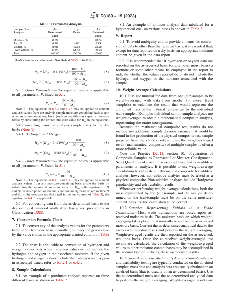 ASTM D3180-15(2023) - Standard Practice for  Calculating Coal and Coke Analyses from As-Determined to Different  Bases