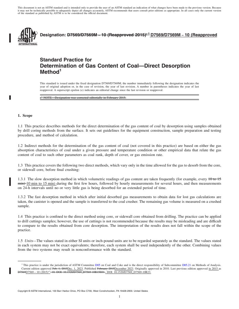 REDLINE ASTM D7569/D7569M-10(2023) - Standard Practice for  Determination of Gas Content of Coal—Direct Desorption  Method