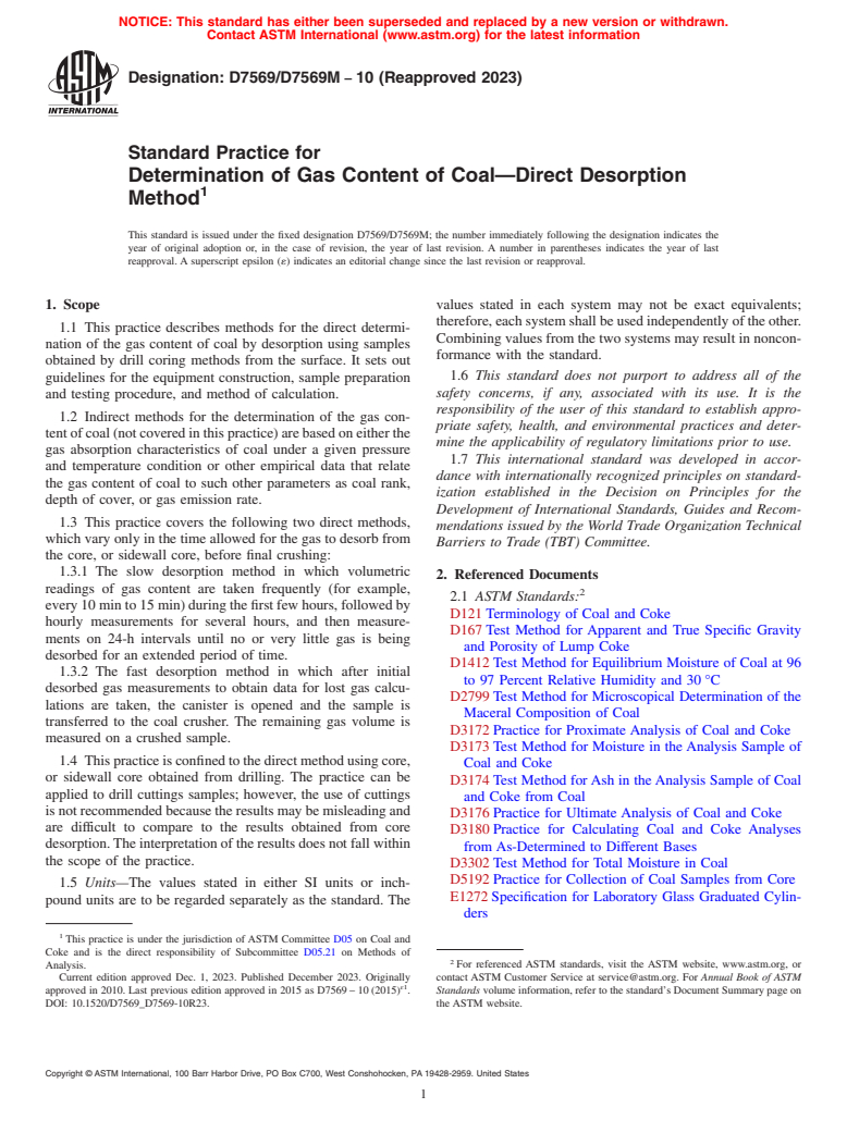 ASTM D7569/D7569M-10(2023) - Standard Practice for  Determination of Gas Content of Coal—Direct Desorption  Method