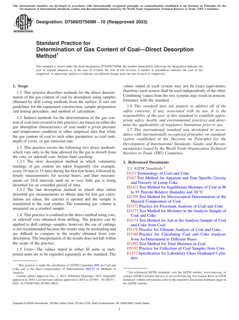 ASTM D7569/D7569M-10(2023) - Standard Practice for  Determination of Gas Content of Coal—Direct Desorption  Method