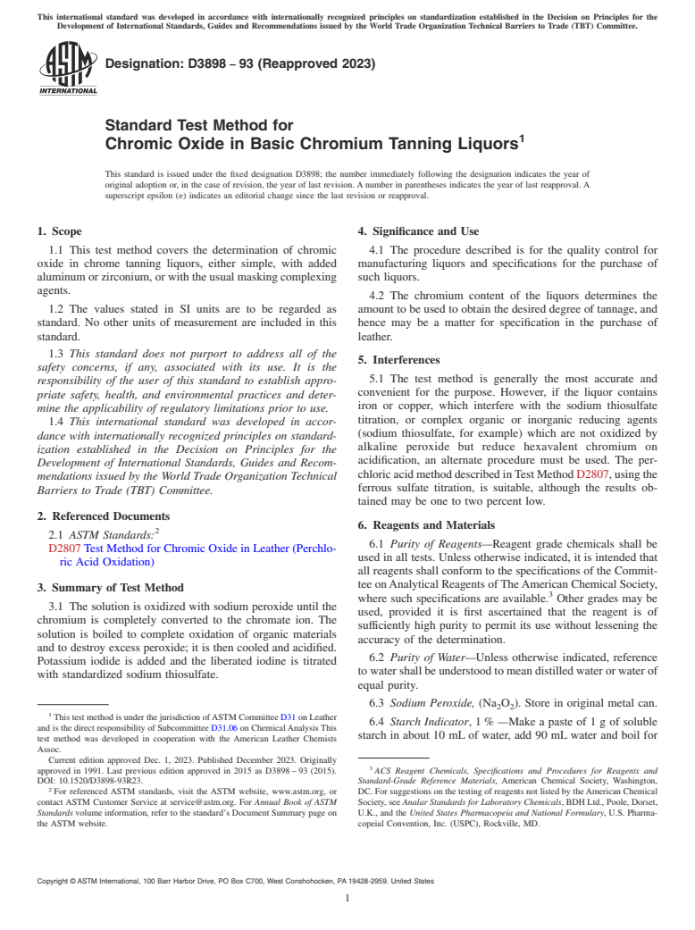 ASTM D3898-93(2023) - Standard Test Method for  Chromic Oxide in Basic Chromium Tanning Liquors