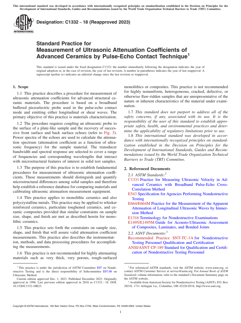 ASTM C1332-18(2023) - Standard Practice for Measurement of Ultrasonic Attenuation Coefficients of Advanced   Ceramics by Pulse-Echo Contact Technique