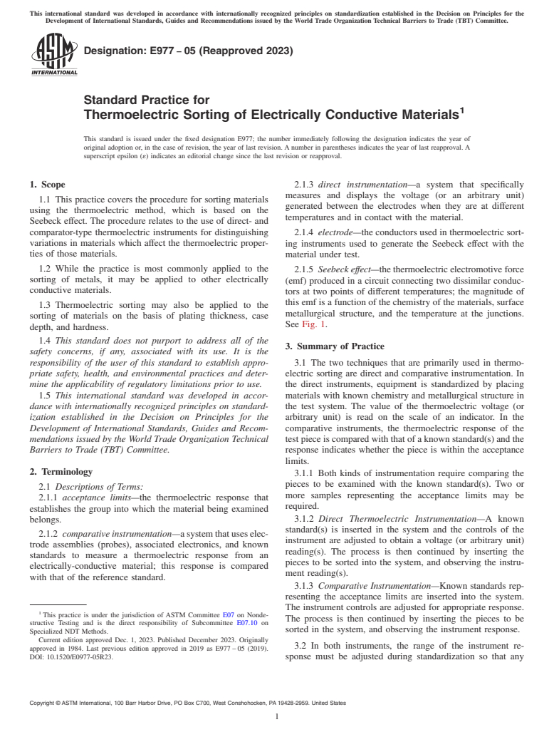 ASTM E977-05(2023) - Standard Practice for  Thermoelectric Sorting of Electrically Conductive Materials