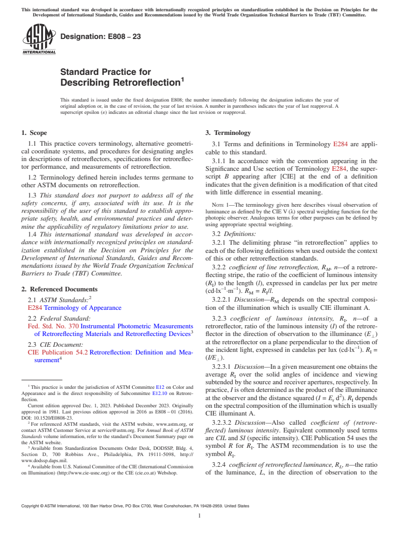 ASTM E808-23 - Standard Practice for Describing Retroreflection