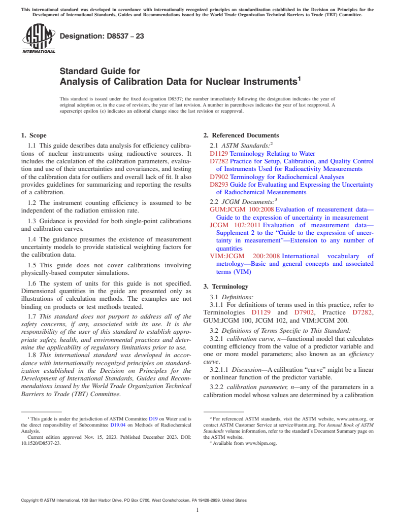 ASTM D8537-23 - Standard Guide for Analysis of Calibration Data for Nuclear Instruments