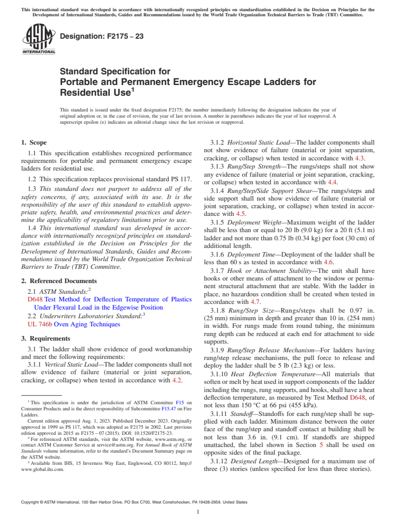 ASTM F2175-23 - Standard Specification for Portable and Permanent Emergency Escape Ladders for Residential  Use