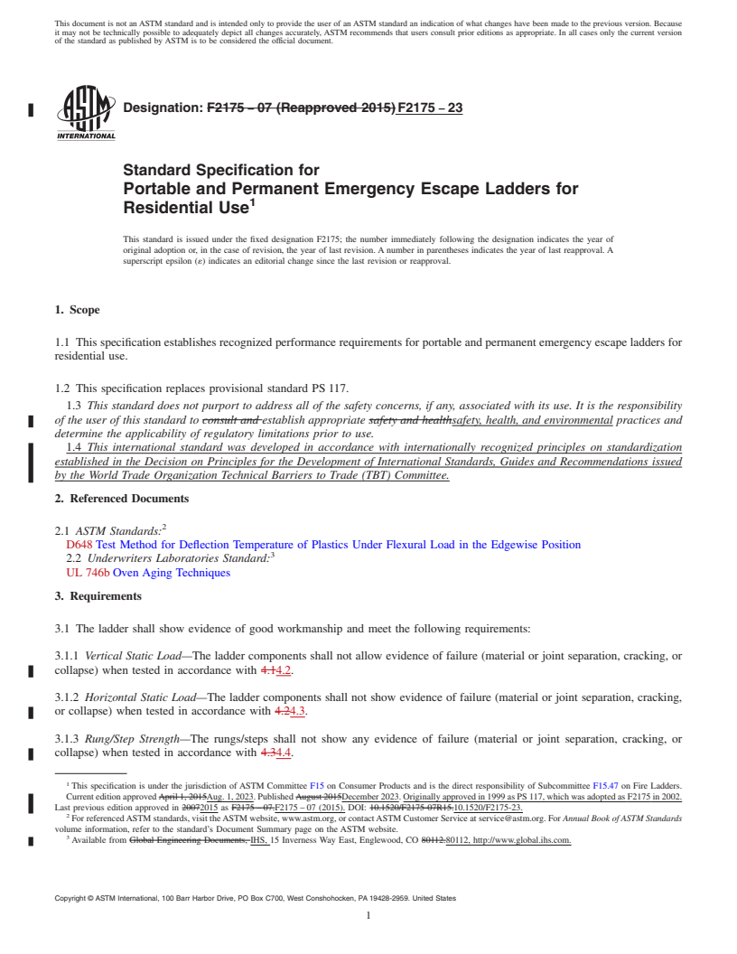 REDLINE ASTM F2175-23 - Standard Specification for Portable and Permanent Emergency Escape Ladders for Residential  Use