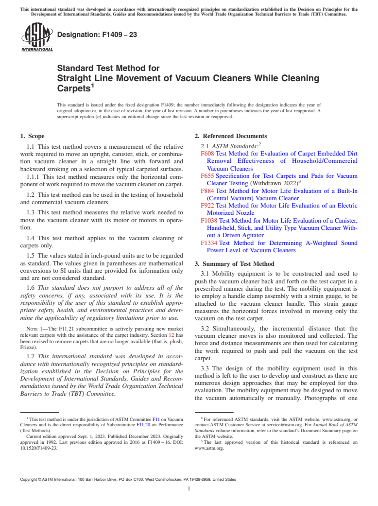 ASTM F1409-23 - Standard Test Method for  Straight Line Movement of Vacuum Cleaners While Cleaning Carpets
