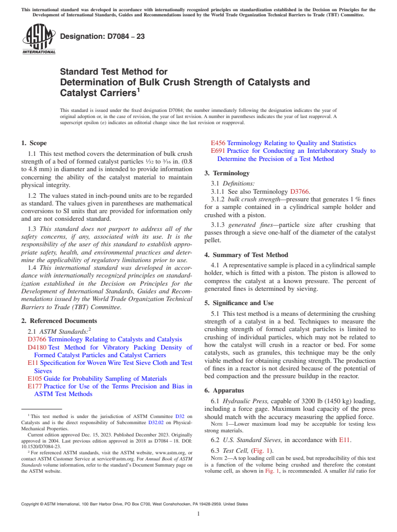 ASTM D7084-23 - Standard Test Method for  Determination of Bulk Crush Strength of Catalysts and Catalyst  Carriers