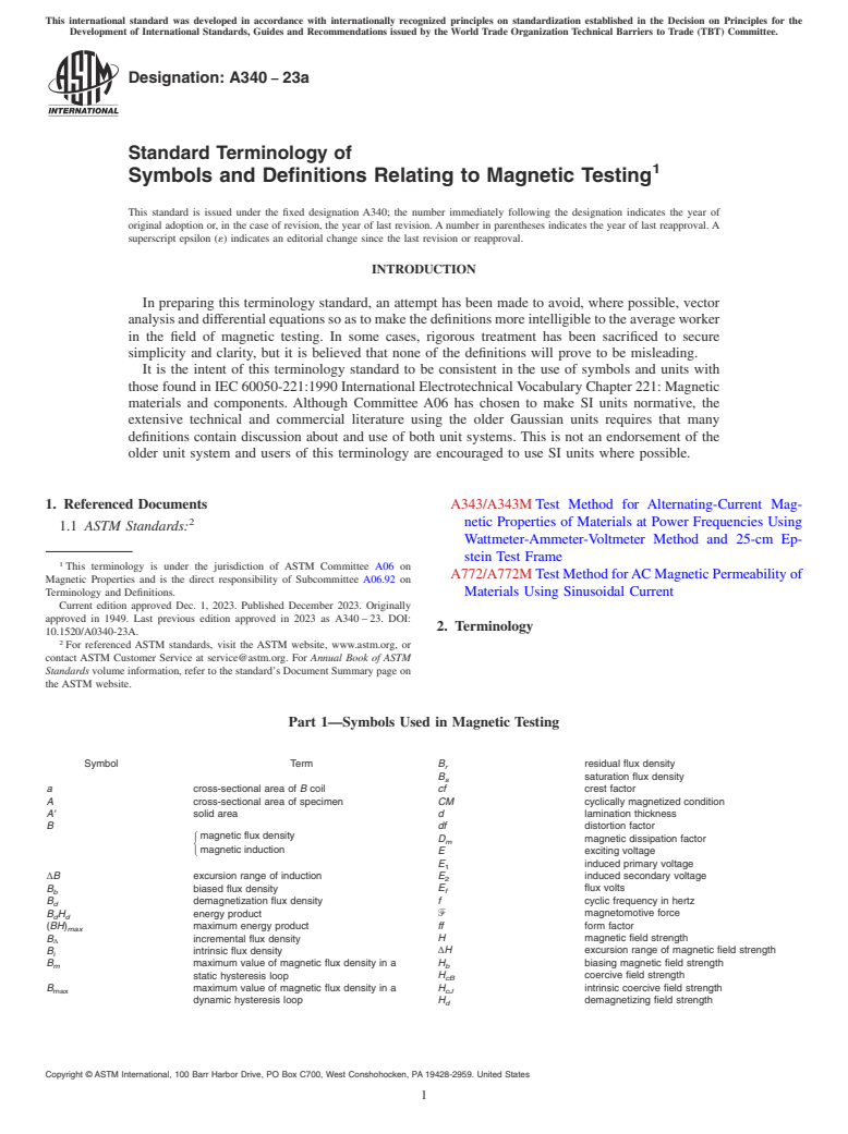 ASTM A340-23a - Standard Terminology of Symbols and Definitions Relating to Magnetic Testing