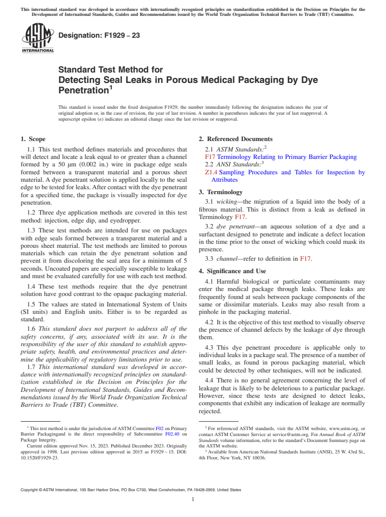ASTM F1929-23 - Standard Test Method for Detecting Seal Leaks in Porous Medical Packaging by Dye Penetration