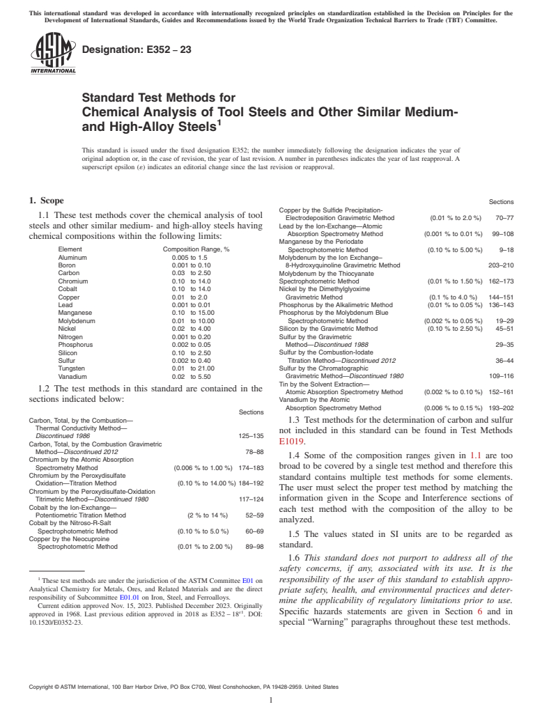 ASTM E352-23 - Standard Test Methods for Chemical Analysis of Tool Steels and Other Similar Medium-  and High-Alloy Steels