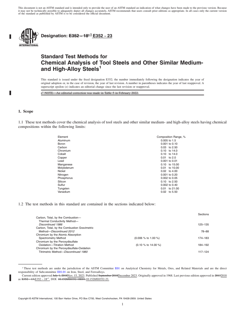 REDLINE ASTM E352-23 - Standard Test Methods for Chemical Analysis of Tool Steels and Other Similar Medium-  and High-Alloy Steels