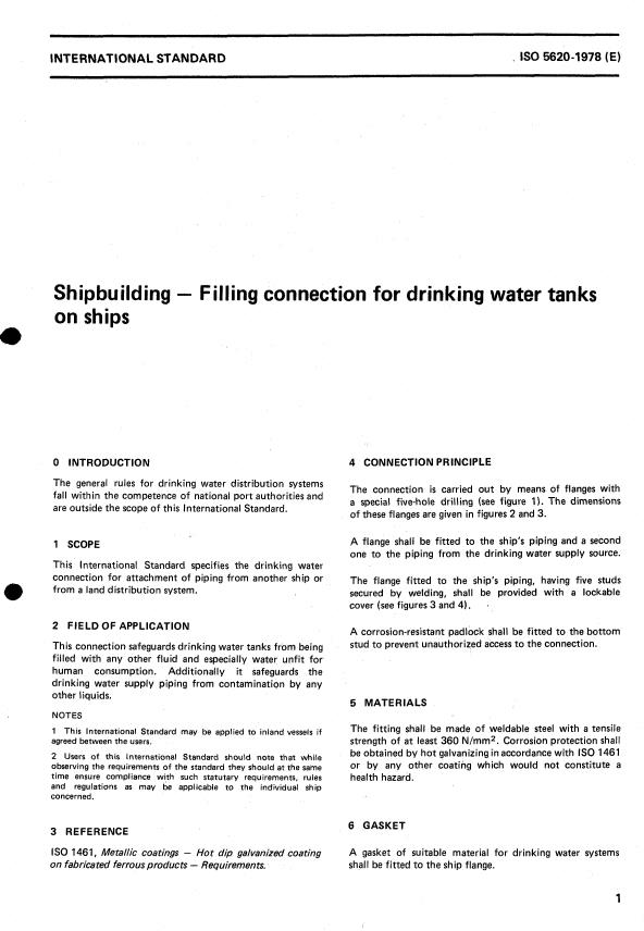 ISO 5620:1978 - Shipbuilding -- Filling connection for drinking water tanks on ships
