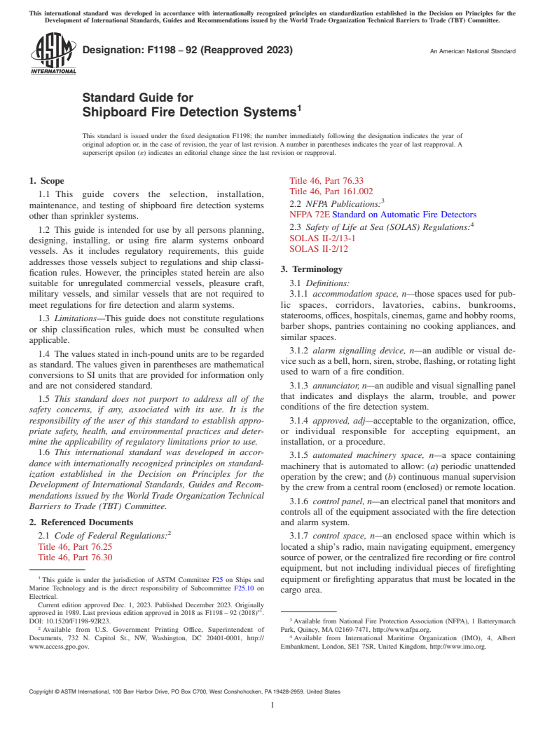 ASTM F1198-92(2023) - Standard Guide for  Shipboard Fire Detection Systems