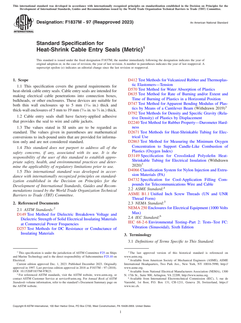 ASTM F1837M-97(2023) - Standard Specification for  Heat-Shrink Cable Entry Seals (Metric)