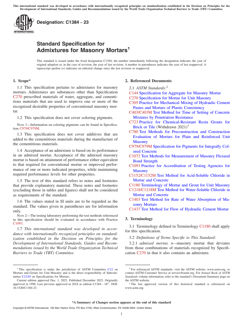 ASTM C1384-23 - Standard Specification for Admixtures for Masonry Mortars