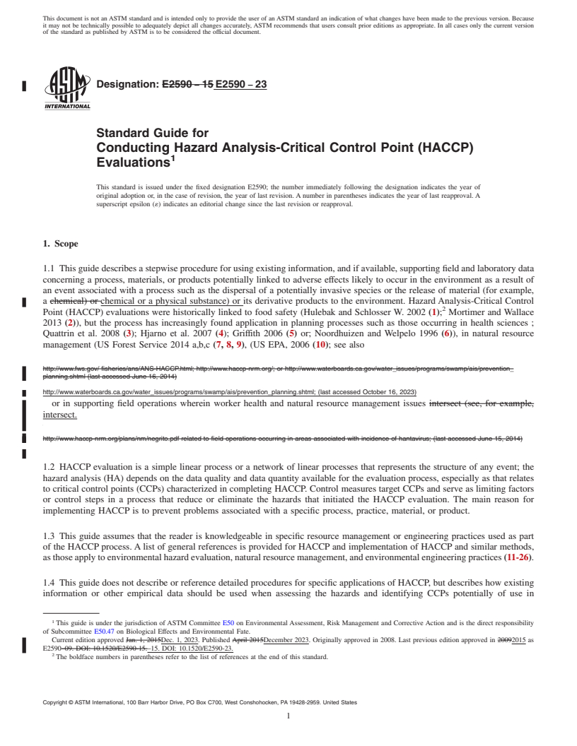 REDLINE ASTM E2590-23 - Standard Guide for  Conducting Hazard Analysis-Critical Control Point (HACCP) Evaluations